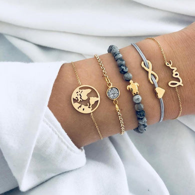 4/5 PCS Bohemian Map Turtle LOVE Beach Bracelet Set Cute Pineapple Shell Tassel Bracelet Set for Women Holiday Bracelet Jewelry