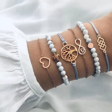 NEWBUY 6Pcs/Set Natural Beads Bracelet Boho Style Gold Heart Turtle Life Tree 8 Infinity Charm Bracelets For Women Girl