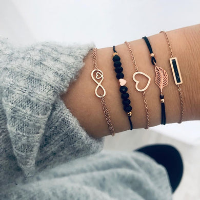 WUKALO 4 Pcs/ Set Gold Color Chain Bracelets Set for Woman Gold Color Heart Leaf Infinity Charm Wedding Bracelets Bangles