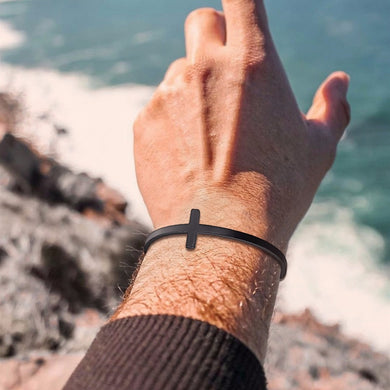 MINIMALIST BLACK SIDEWAYS CROSS CUFF BRACELET STAINLESS STEEL OPEN BANGLE FOR MEN UNISEX JEWELRY